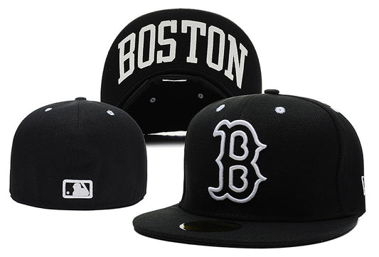 Boston Red Sox Black Fitted Hat with White “B” Logo and Undervisor Boston Lettering